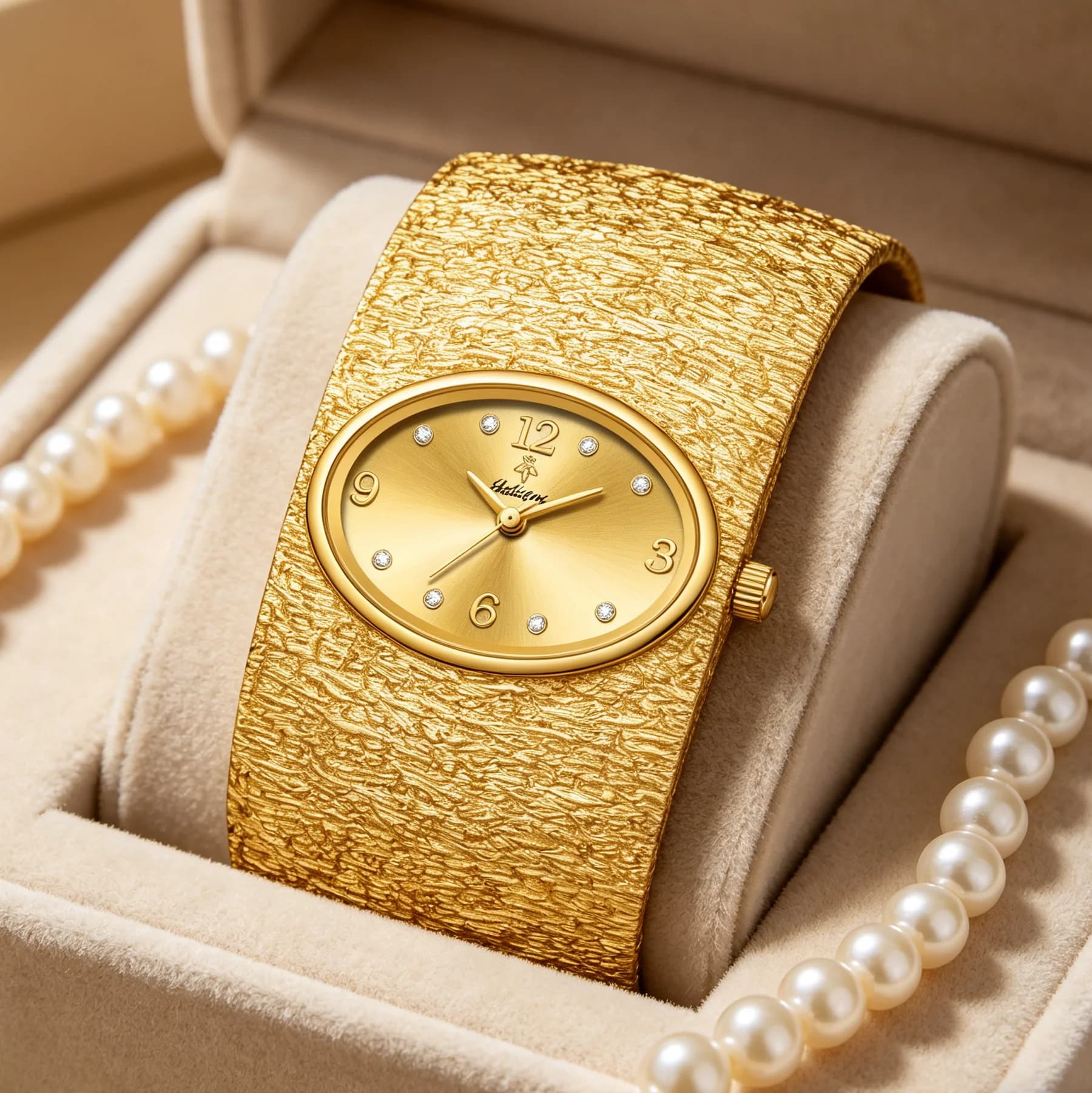 YaLaLuSi Textured Wide Gold Cuff Bangle Women Watch Oval Dial Crystal Index Minimal Vintage Ladies Quartz Bracelet Wristwatch