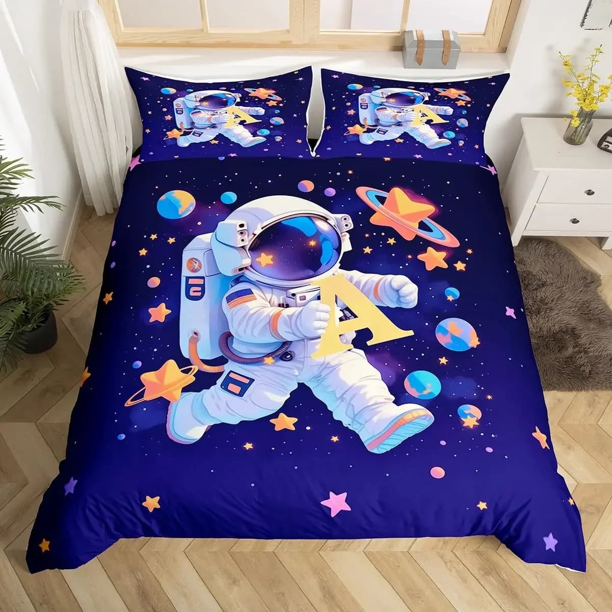Set copripiumino per astronauta Set di biancheria da letto con decorazioni per astronauti spaziali dei cartoni animati Copripiumino morbido e traspirante con federa con cerniera