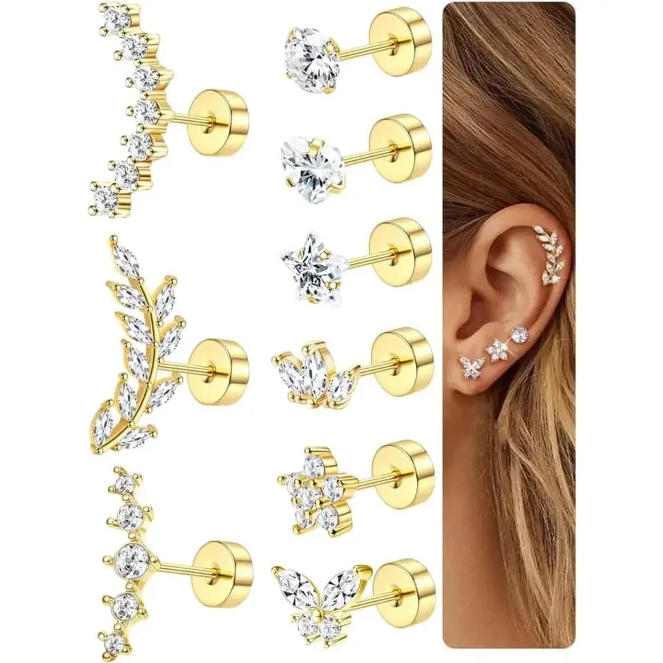 Surgical Steel Cartilage Studs Earrings Hypoallergenic Earring Set Flat Back Helix Tragus Piercing Jewellery for Women 36