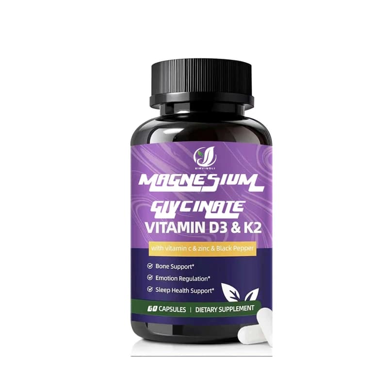 Glicinato di Magnesio 600mg con Vitamina D3 K2, Integratore che Contiene Vitamina C, Zinco e Aloe Vera, Supporto per le Ossa, Energia, 60 Capsule