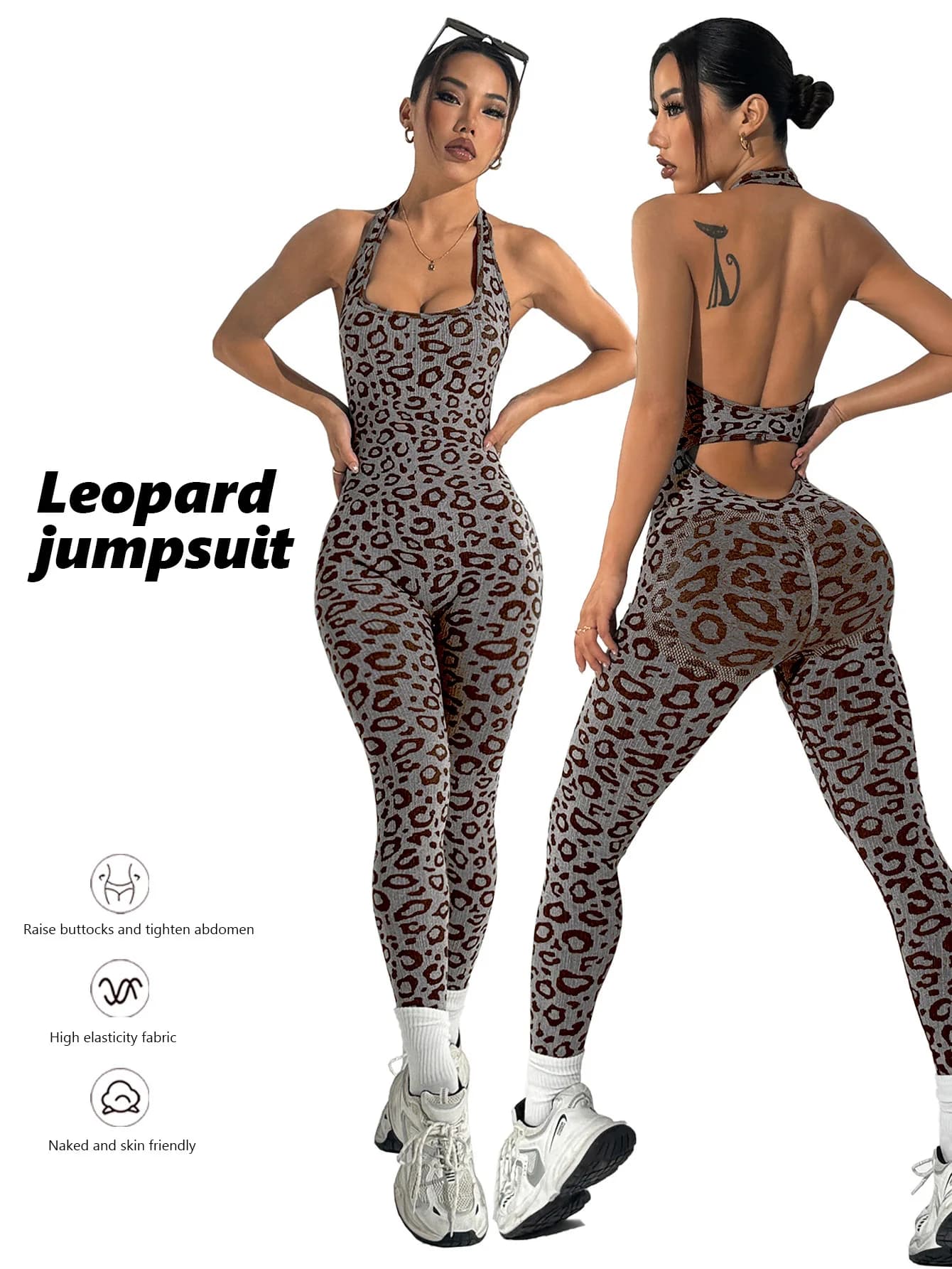 Tuta sexy con stampa leopardata con scollo all'americana, palestra, abbigliamento sportivo, senza maniche, fitness, colletto quadrato, collant slim, allenamento per le donne