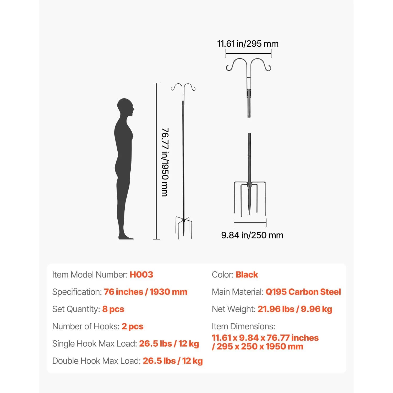 Double Shepherds Hooks for Outdoor, 8 Pack 76 Inch Heavy Duty Bird Feeder Pole, 3/4 Inch Thick Garden Hooks for Hanging Hummingbird Feeder, Plant Baskets, Solar Light Lanterns,Wind Chimes
