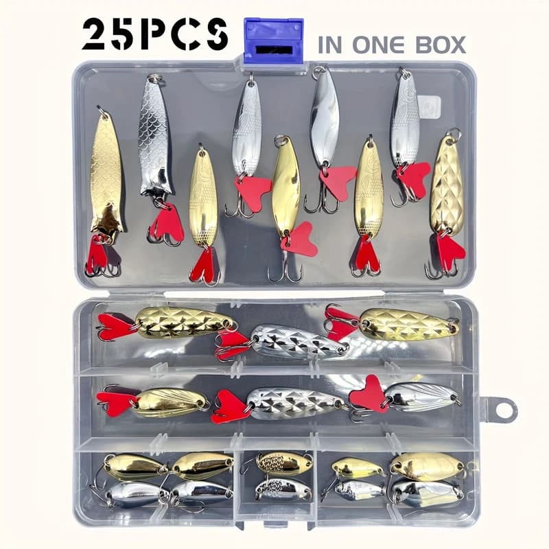 25 pcs/35 pcs fishing spoon metal recall Kit Set gold silver esche sequins Spinner baits with box anchors fishing gear Gear