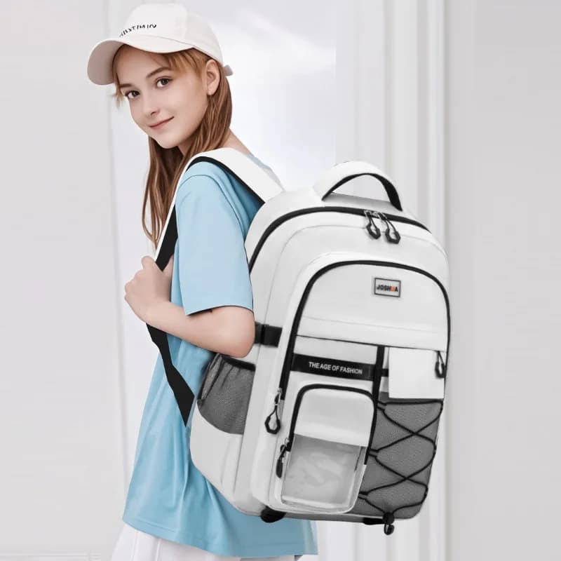 1pcs Polyester Student Backpack Wide Padded Strap Multi Zipper Compartments Clear Front Pocket Daily School Shoulder Bag