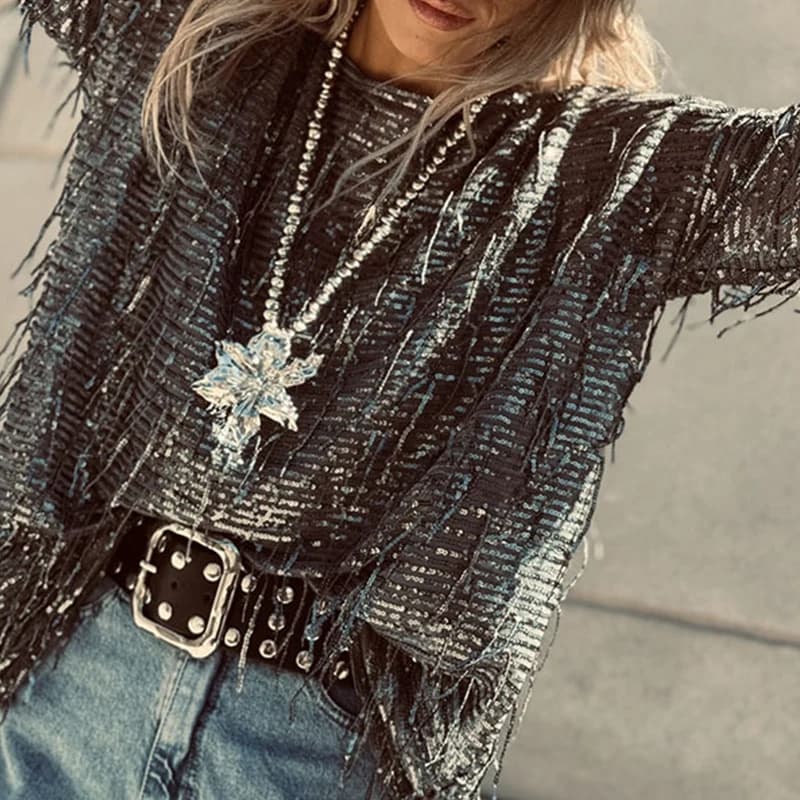 Camicia con nappe tinta unita streetwear casual Elegante maglietta vintage autunnale allentata T-shirt con paillettes a maniche lunghe con scollo a O da donna sexy