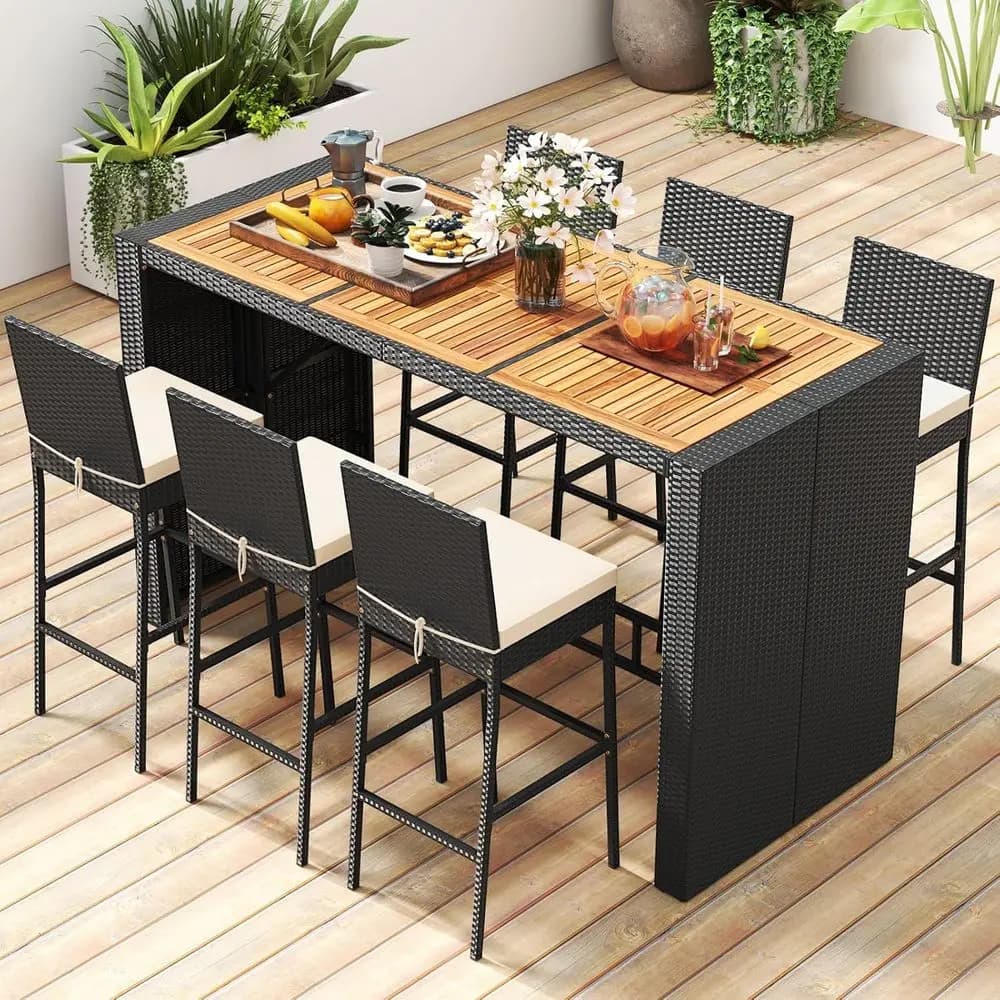 Set da Bar in Rattan da Esterno a 7 Pezzi con Sedie Imbottite e Tavolo in Legno per Patio o Giardino
