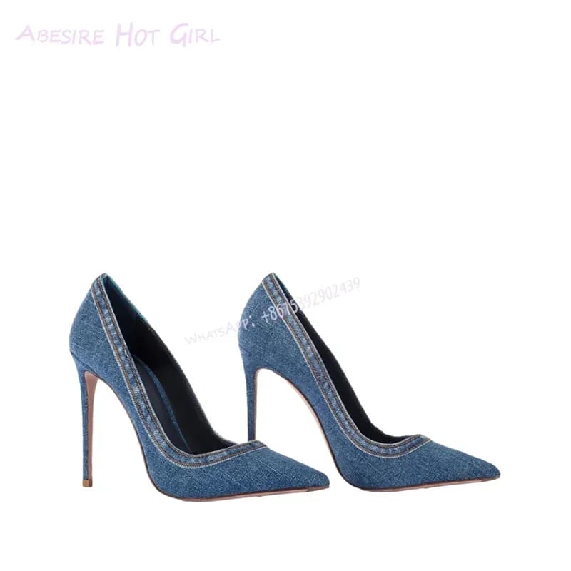 Sandalo Casual Primaverile Versatile con Tacco a Spillo e Bordo in Denim Blu Vintage, Patchwork e Volant in Tela Nera