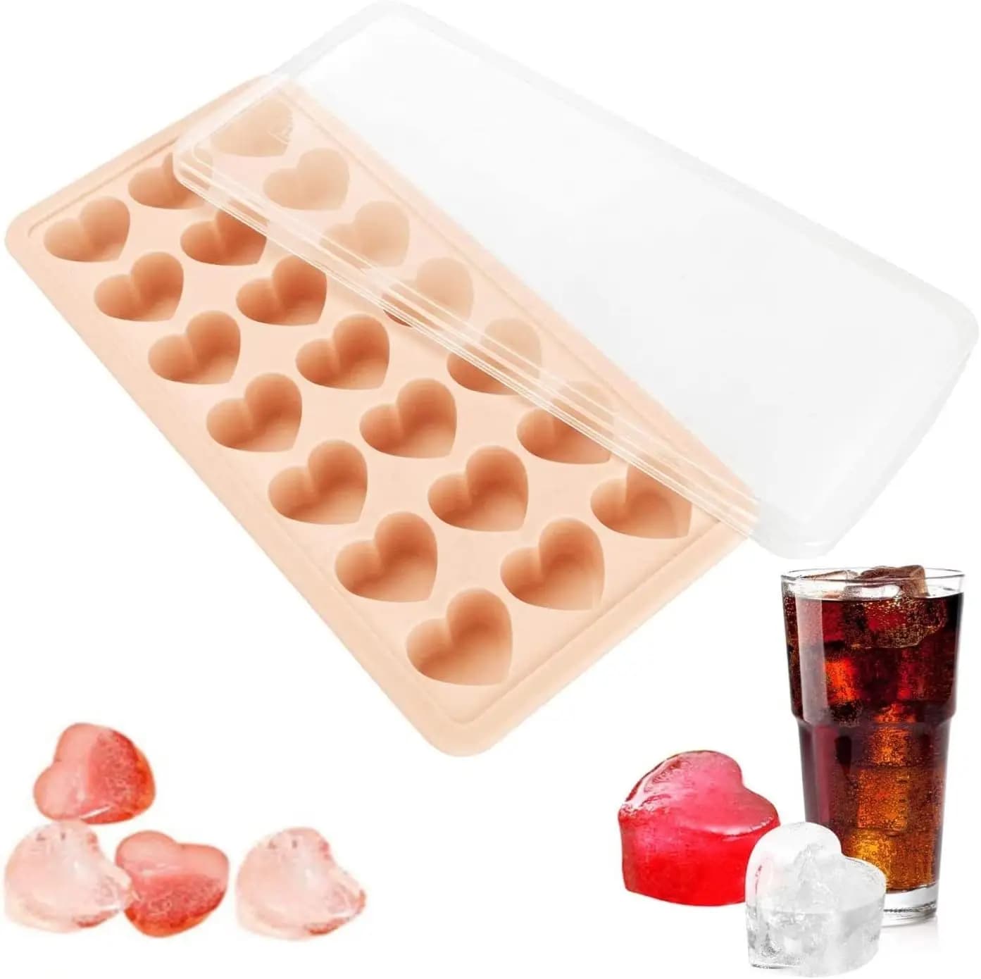 Stampi per cubetti di ghiaccio a forma di cuore - Vassoio in silicone per cubetti di ghiaccio a forma di cuore con 21 fori e coperchio per congelatore, senza BPA e lavabile in lavastoviglie.
