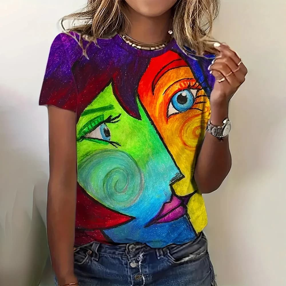 T-shirt manica corta moda donna traspirante estiva t-shirt stampata faccia astratta 3d divertente 2024 nuove magliette girocollo Tees