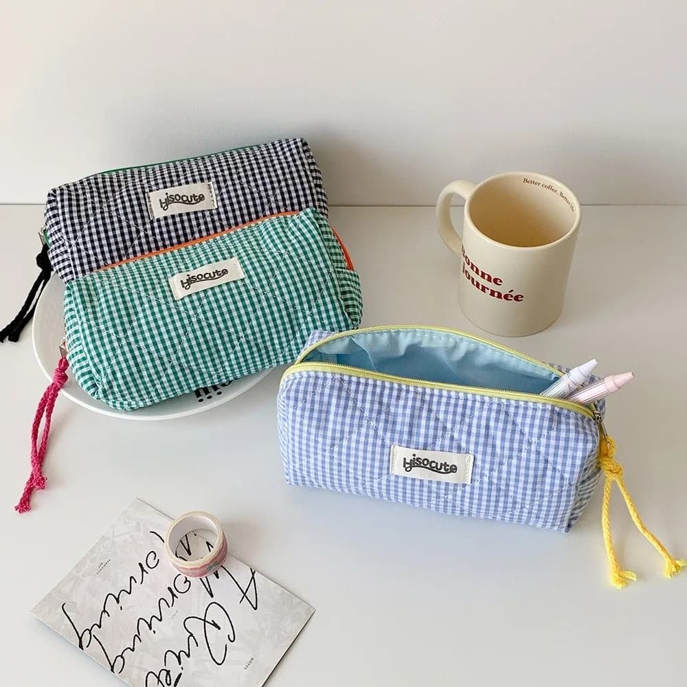 Astuccio a Quadretti Colorato per Ragazze, Borsa Portaoggetti per Cancelleria e Cosmetici, Grande Capacità, Borsa Multiuso per Trucchi