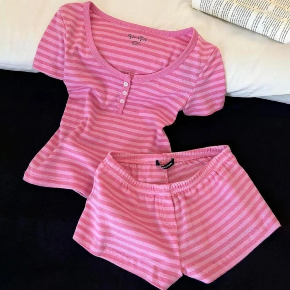 Pink Striped Short Sleeve T-shirt Shorts Set Women's Summer Camisole Suit Casual Cute Pajama Home Outfit Matching Two Piece Set
