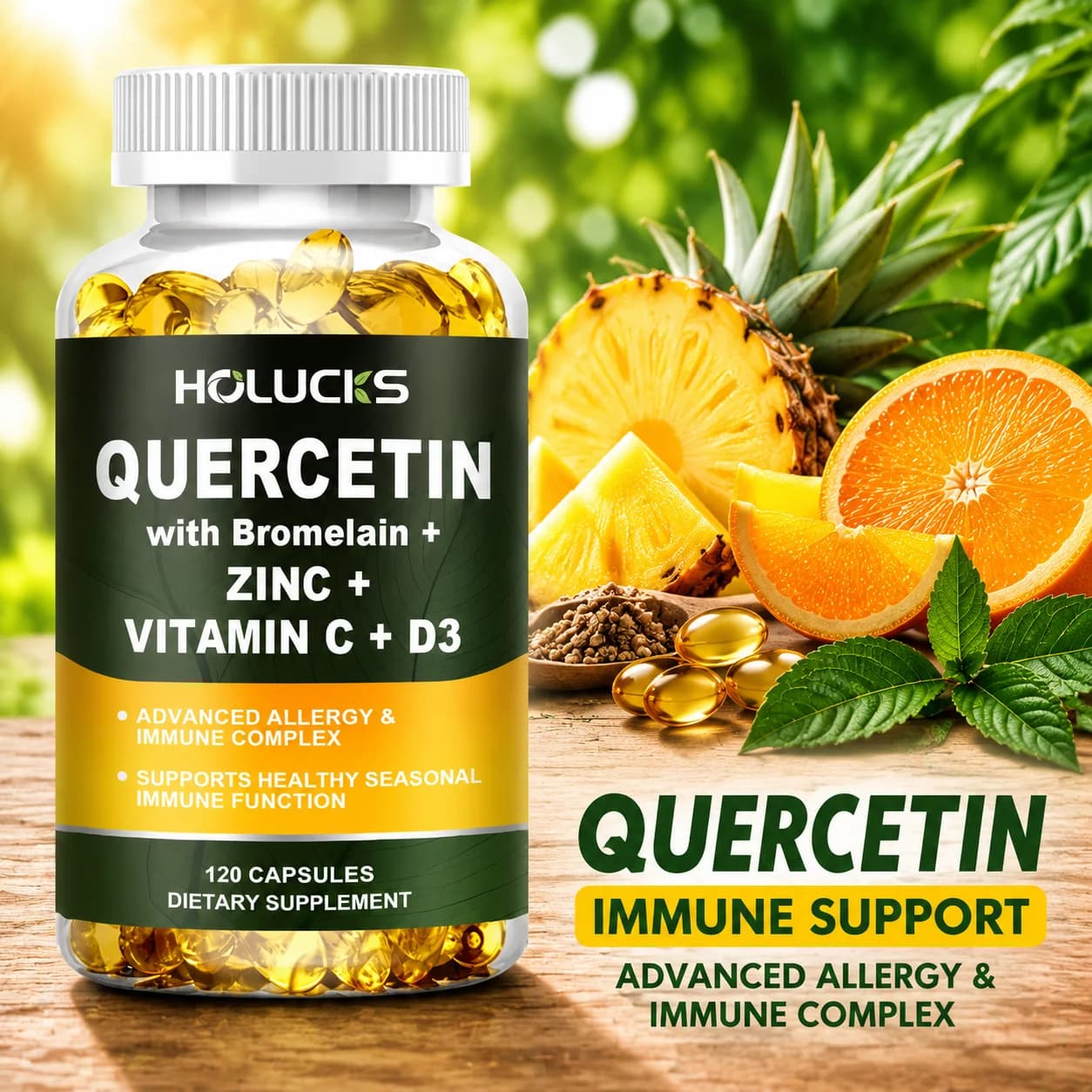 Advanced Quercetin Vitamin C + D3 Supplement, with Bromelain, for Immunity, Skin Health & Strong Bones, Overall Vitality, Vegan