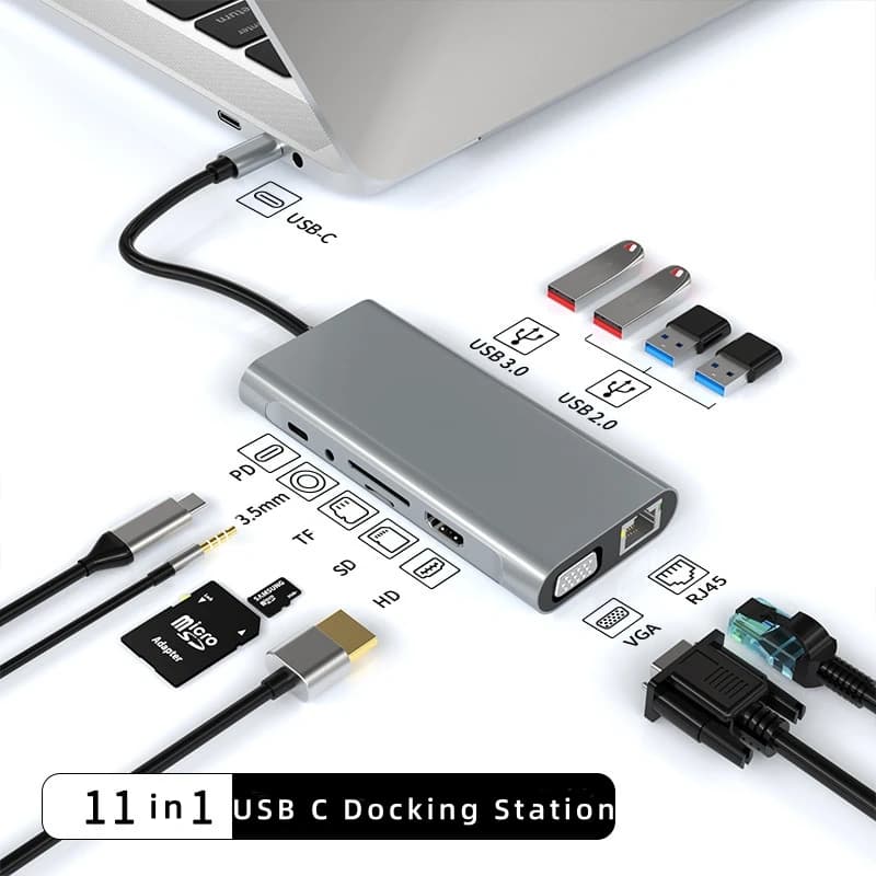 Docking station USB C 11 in 1 con 4K UHD+VGA+PD+USB+RJ45 Ethernet+lettore di schede SD/TF+AUX da 3,5 mm compatibile con MacBook Pro/Air