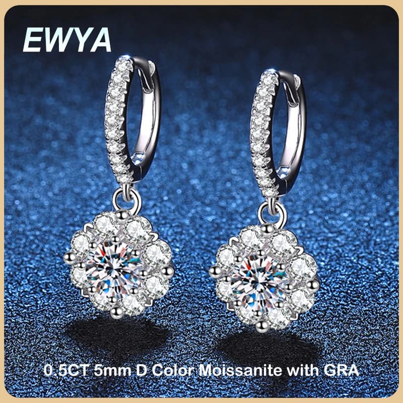 EWYA 0.5 Carat D Color Moissanite Diamond Screw Earrings for Women S925 Sterling Silver Plated PT950 Drop Earring Fine Jewelry