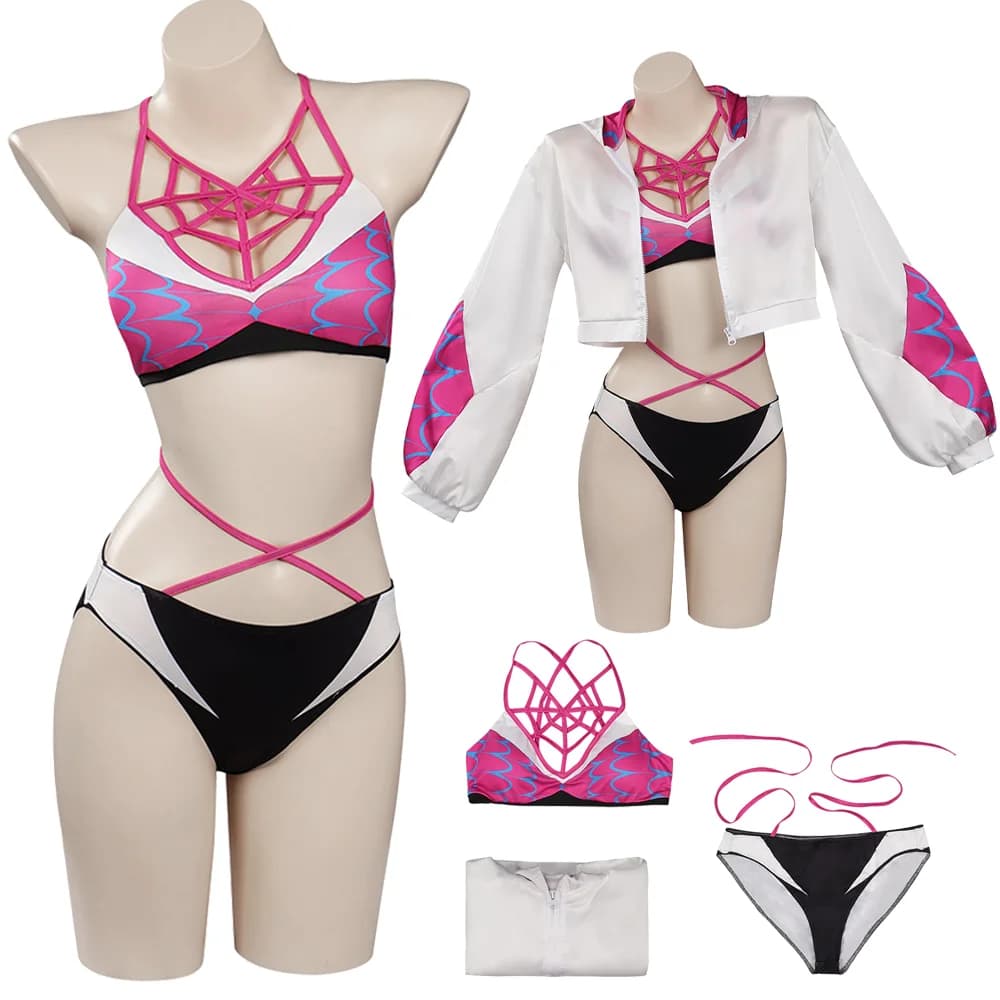 Gwen Stacy Cosplay Costume for Woman and Girl, bikini swimsuit with coordinated coat, Halloween Carnival party disguise