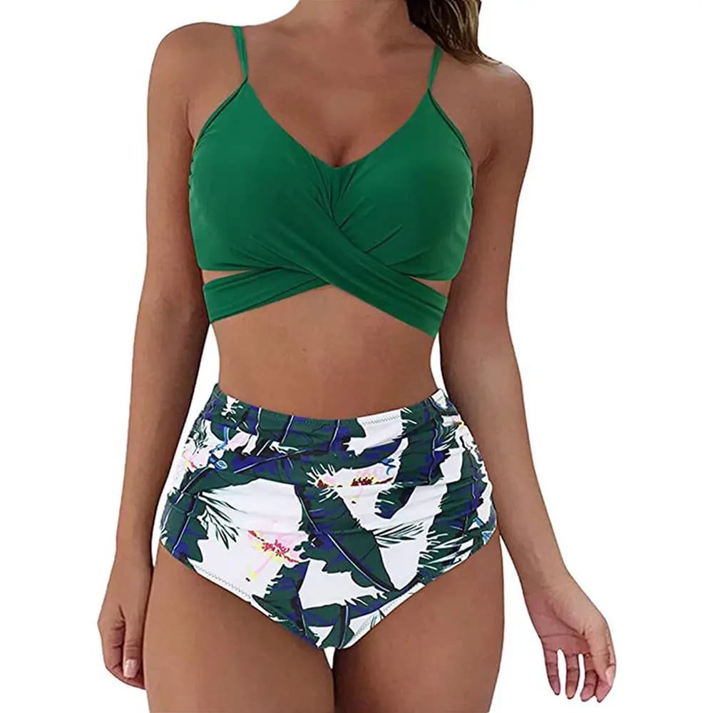 Costume da bagno bikini da donna a vita alta, sexy, 2 pezzi, 12 colori, tinta unita/floreale, con arricciature, modello brasiliano, incrocio frontale - Collezione 2025