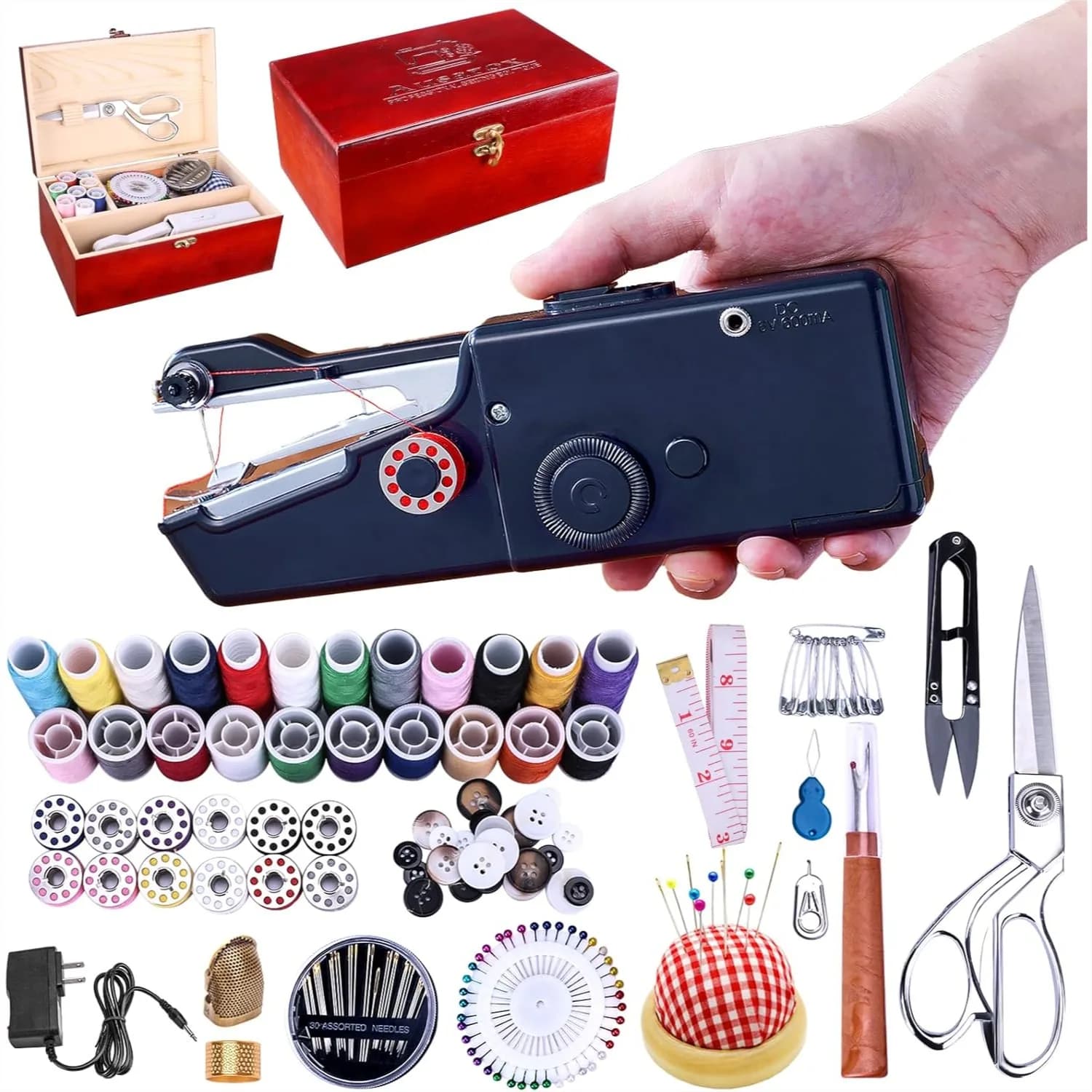 Macchina da Cucire Portatile con Kit da 143 Pezzi, Mini Strumento di Cucitura Portatile per Adulti e Principianti, Include Scatola in Legno