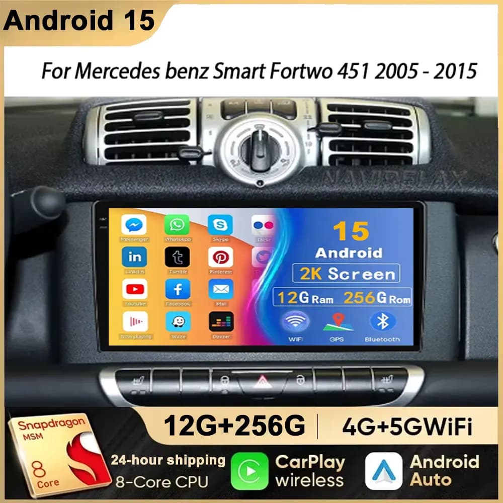 Carplay for Mercedes Benz Smart Fortwo 451 453 2005 - 2020 Android Auto Multimedia ReaderWIFI + 4G Autoradio Android 15 Wireless