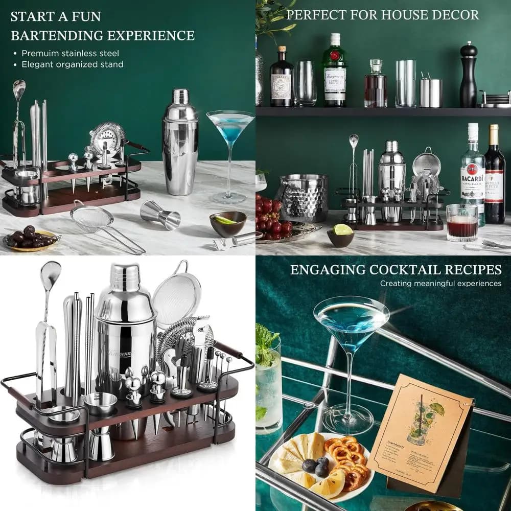 Set completo da bar per la casa da 24 pezzi con supporto: kit da cocktail all-inclusive con Martini Shaker, Jigger e Muddler