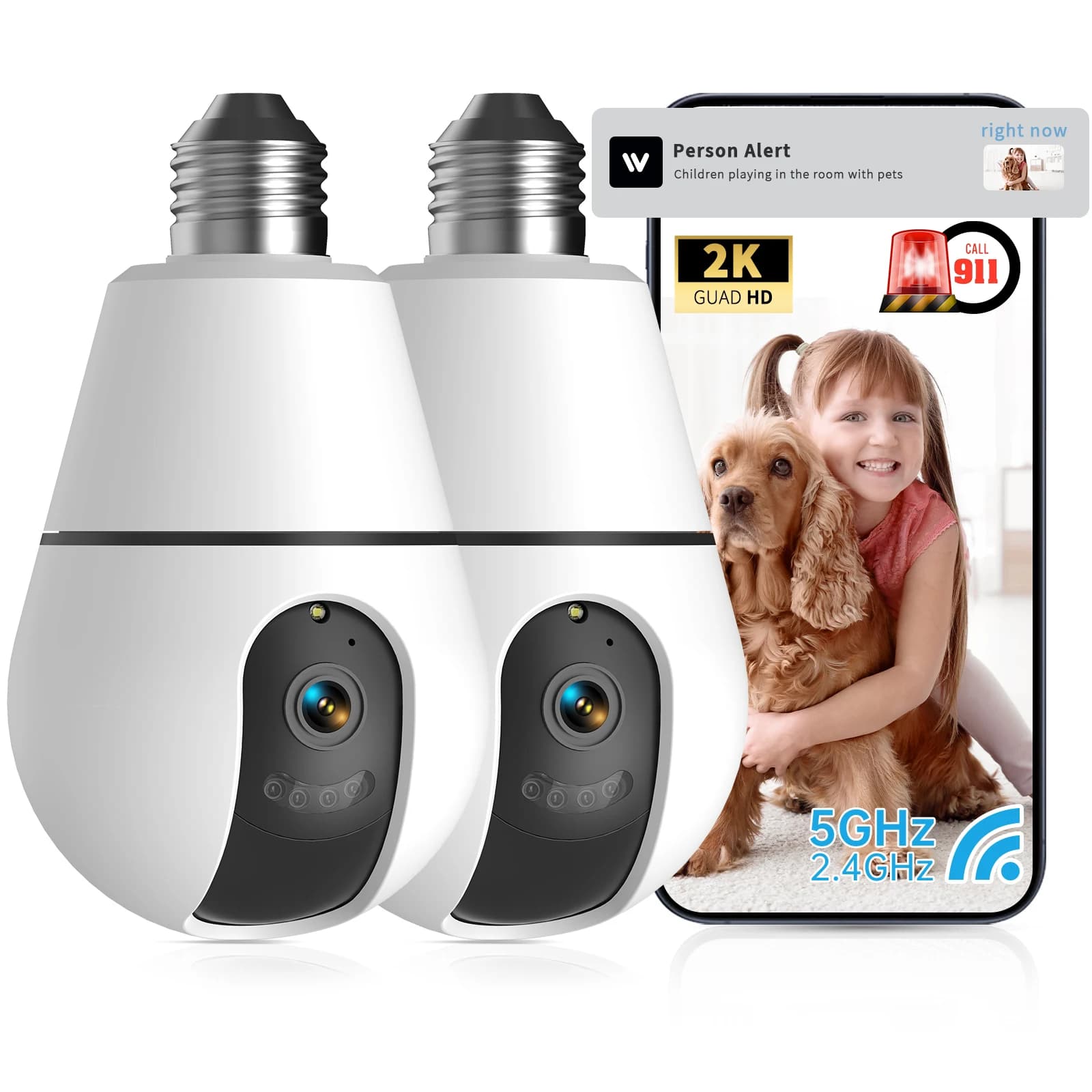 Noahtec Lampadina E27 Telecamera di sorveglianza WiFi Telecamera IP PTZ per bambini di sicurezza interna senza fili con tracciamento automatico notturno a colori