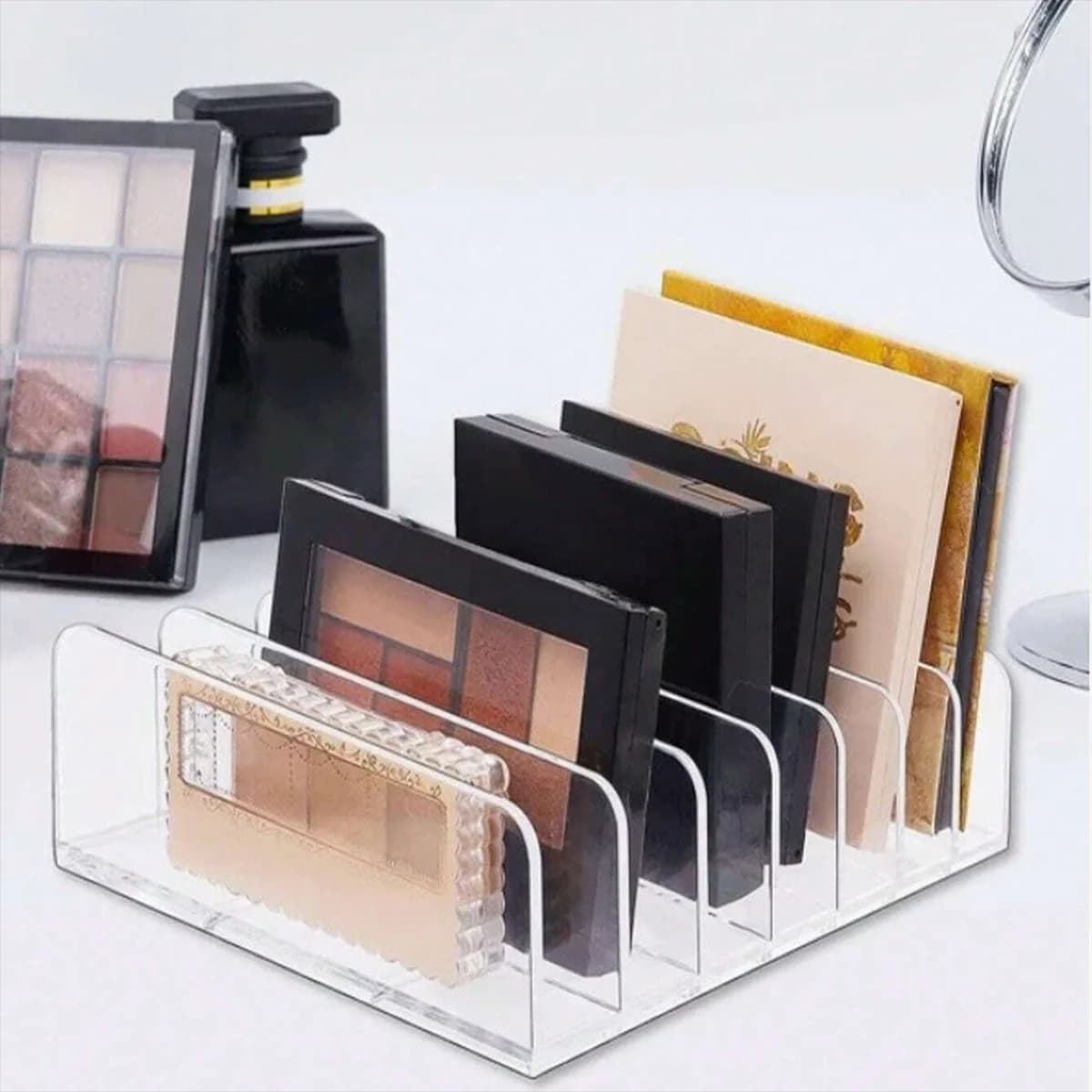 Organizer per Trucchi Trasparente a 7 Scomparti per Palette Ombretti e Cosmetici, Scatola Portaoggetti per Tavolo da Toeletta e Piano del Bagno