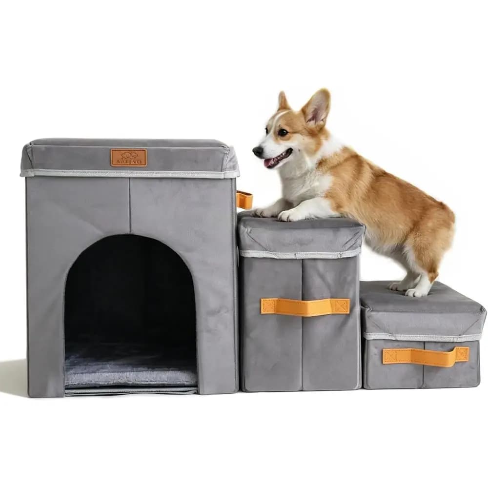 17-inch Pet Dog Stairs or High Beds, 120 lbs Weight Capacity, Foldable and 3-Step with Storage Compartment, Ideal for Dogs & Cat