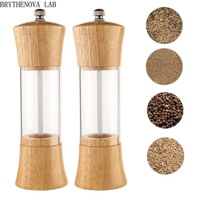 Oak Wooden Salt and Pepper Grinder Set Manual Spice Pepper Mills with Visible Acrylic Window BBQ Shakers Grinder Set Tool