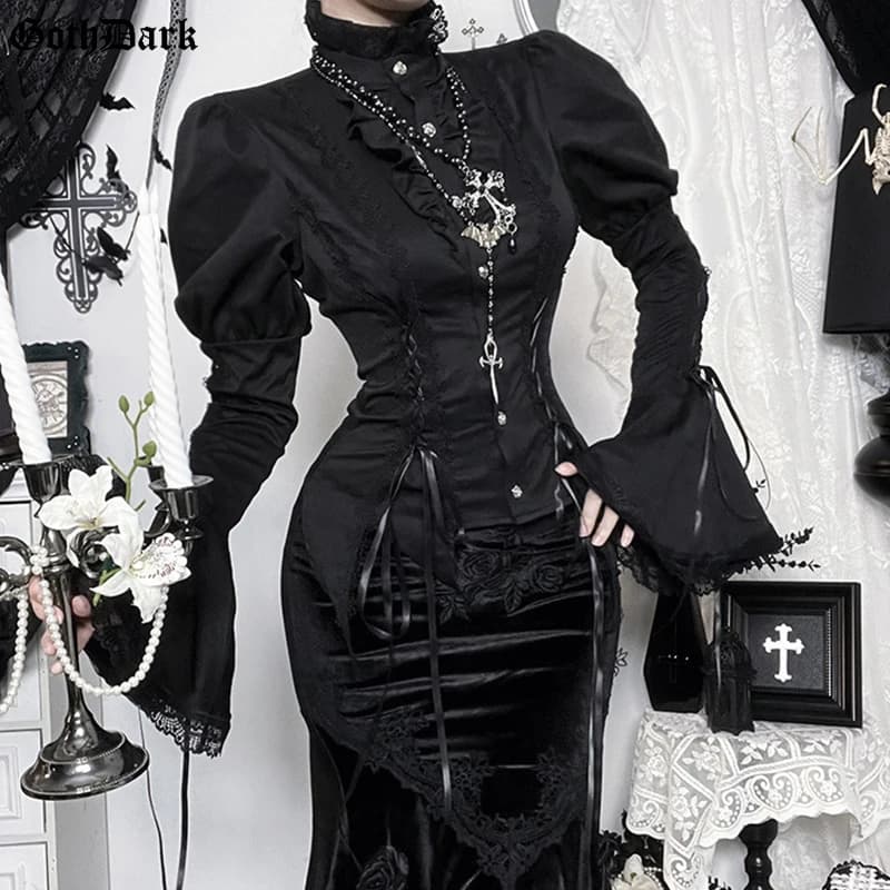 Camicetta Gotica Dark Lolita con Pizzo, Stile Mall Goth, Monopetto, Maniche Svasate, Top con Laccetti Laterali, Cardigan di Halloween
