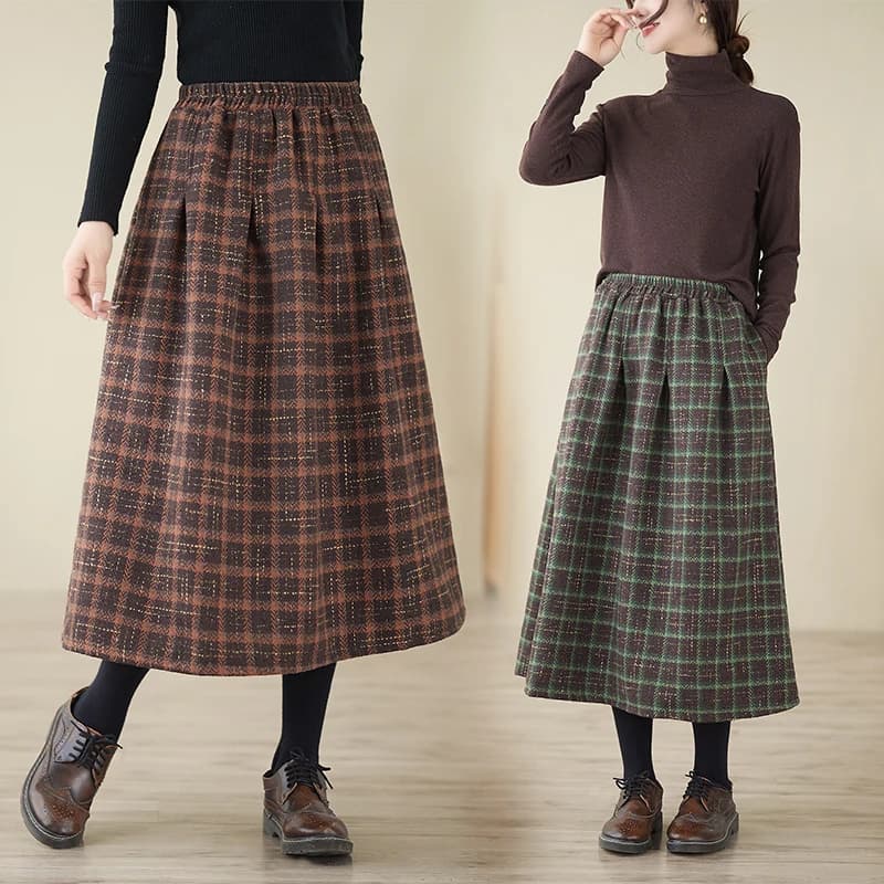 Fashionable Thickened Woolen Plaid A-Line Skirt Women's Slimming Mid-Length Skirts High Waist Polyester Wool Blend