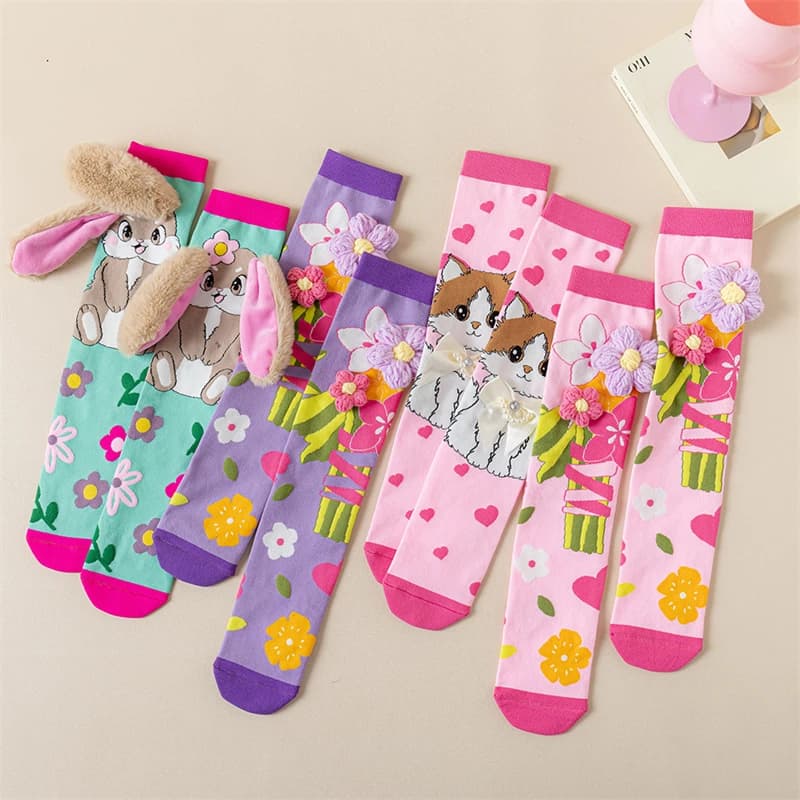 Cute 3D Animal Knee High Socks for Girls - Cartoon Bunny Cat Floral Long Tube Socks, Soft Kids Leg Warmers with Plush Big Ear