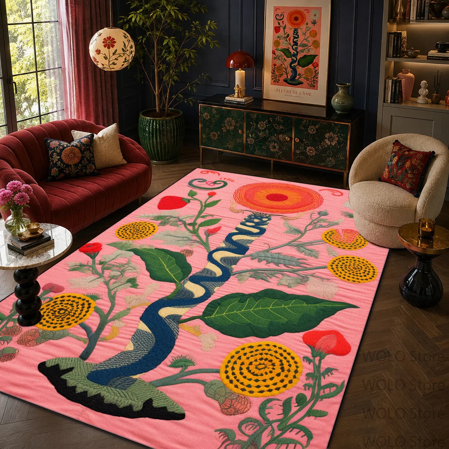 Bohemian Retro Floral Snake Print Living Room Carpet Machine Washable Easy Clean Lounge Rug Fluffy Soft Bedroom Decoration Mat