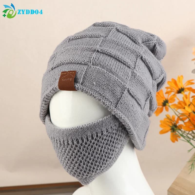 ●Warm Knitted Hat And Face Mask Set Winter Slouchy Beanie With Lightweight Warm Ear, Neck & Cheek Cover For Outdoor Sports