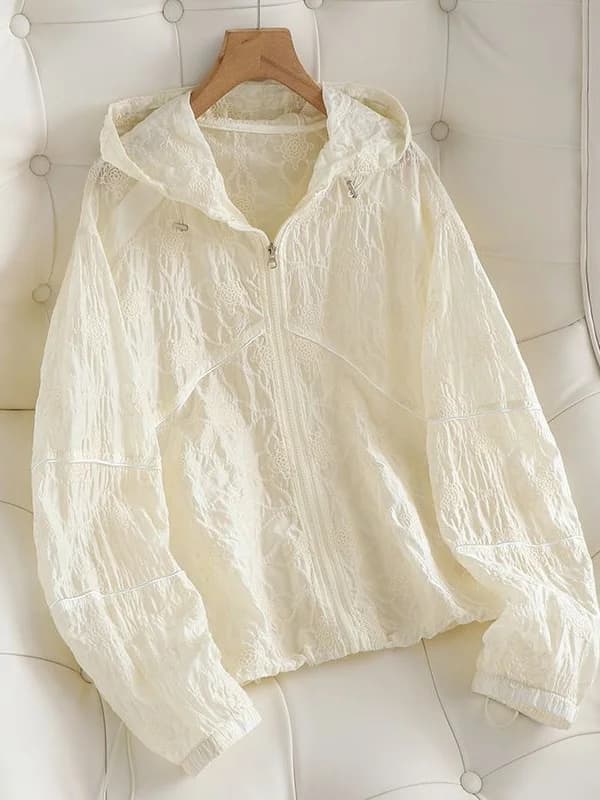 plus Size Women's Summer Long Sleeve Embroidered Lace Sun Protection Jacket with Hood Air Conditioned Top Korean Style Loose Fit