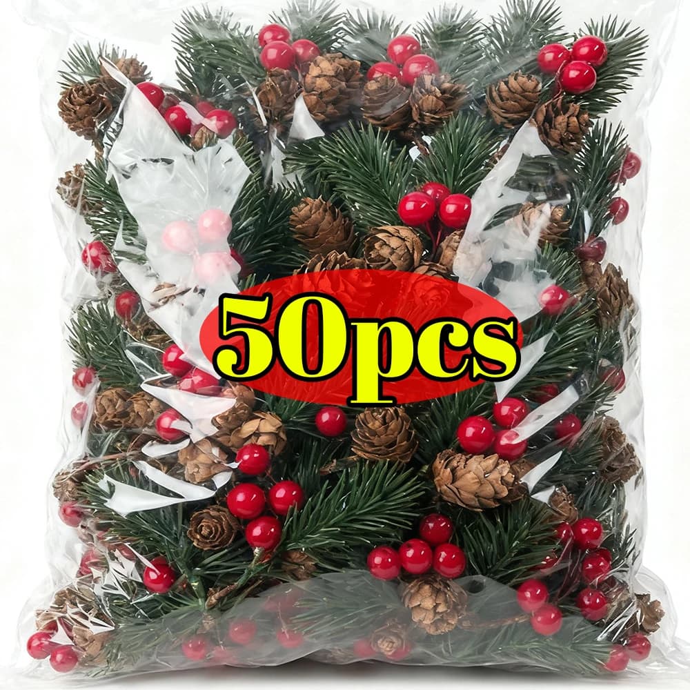 5/50Pcs Christmas Artificial Pine Picks Red Berry Stems Pine Cone Xmas Tree Branches Needles Snow Flocked Artificial Berry Decor