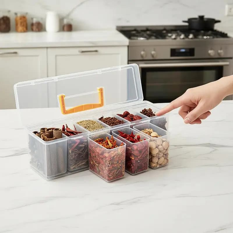 Plastic Spice Storage Container Set With Removable Compartments And Portable Handle Perfect For Kitchen Pantry Seasoning