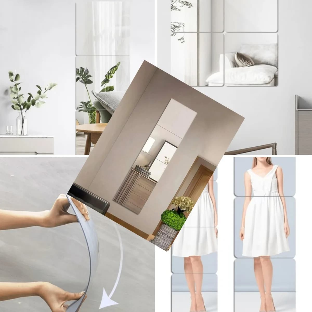 4pcs HD self-adhesive acrylic mirror sheets, frameless flexible non-glass tiles for wall decor in gym, living room, bedroom, off