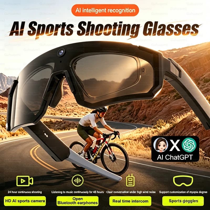 New Smart Glasses AI 2026 for Sports and Recording, HD Camera 800W Anti-vibration, Anti-wind Glasses for Cycling and Recycled