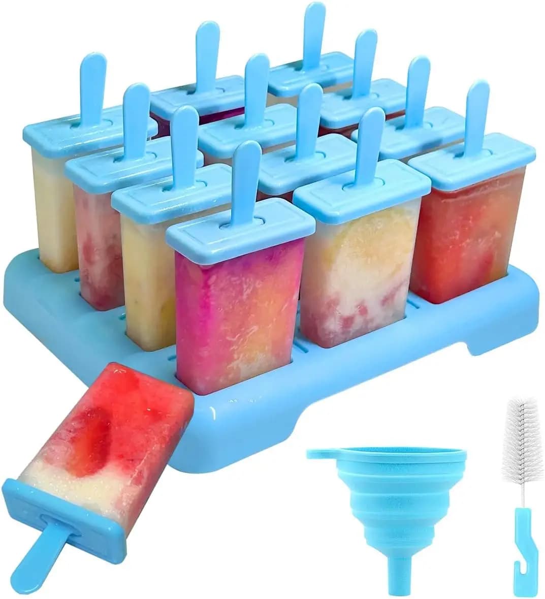 Stampi per ghiaccioli senza BPA a 12 cav con bastoncini incorporati. Include pennello e imbuto per pop fai da te.