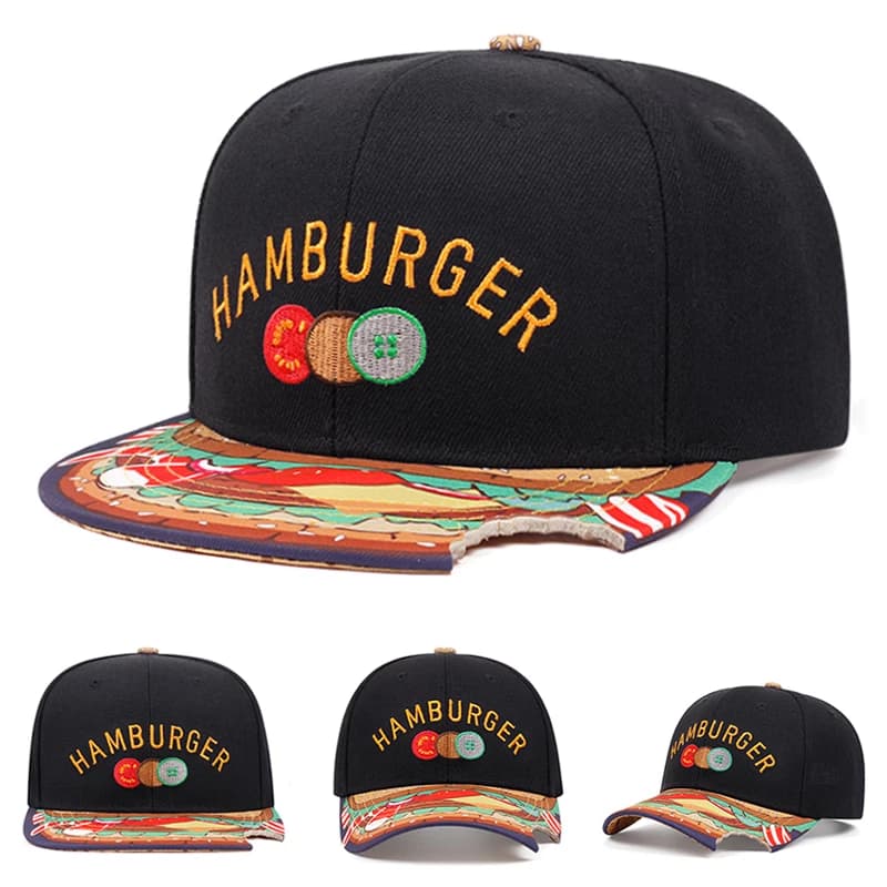 2026 New Flat Edge Hat Burger Embroidered Printed Baseball Hat Outdoor Daily Commuter Decoration Sunshade Hat Unisex Hip Hop Hat