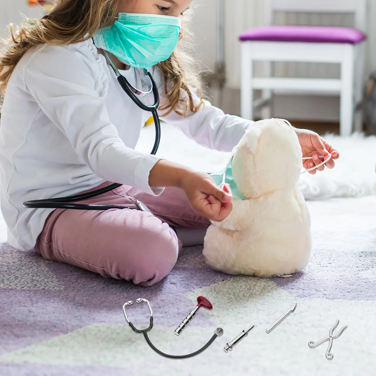 1 set di kit stetoscopio in miniatura, mini accessori da dottore per bambini, accessori per giochi di ruolo, oggetti di scena per fotografia, mini decorazioni per la casa, educativi