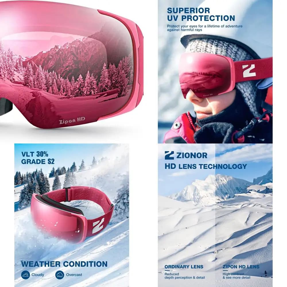 Occhiali da sci con lenti HD con funzione zip per uomo e donna, adatti per la neve e lo snowboard