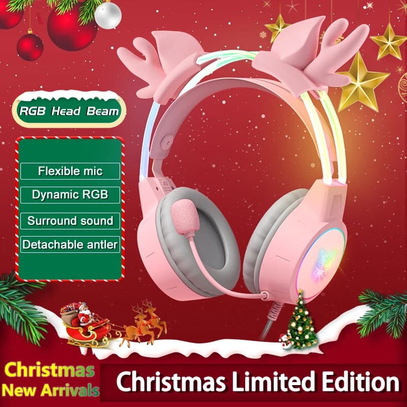 ONIKUMA X15 Over-Ear Headphones Wired Pink Deer Ear with RGB lights dynamic microphone with noise cancellation for PC PS4