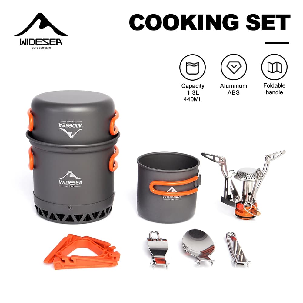 Widesea Set of portable camping pots 1,3 litre aluminium pot 440ML Set of cutlery for cup Outdoor kitchen bracket Hiking backpack