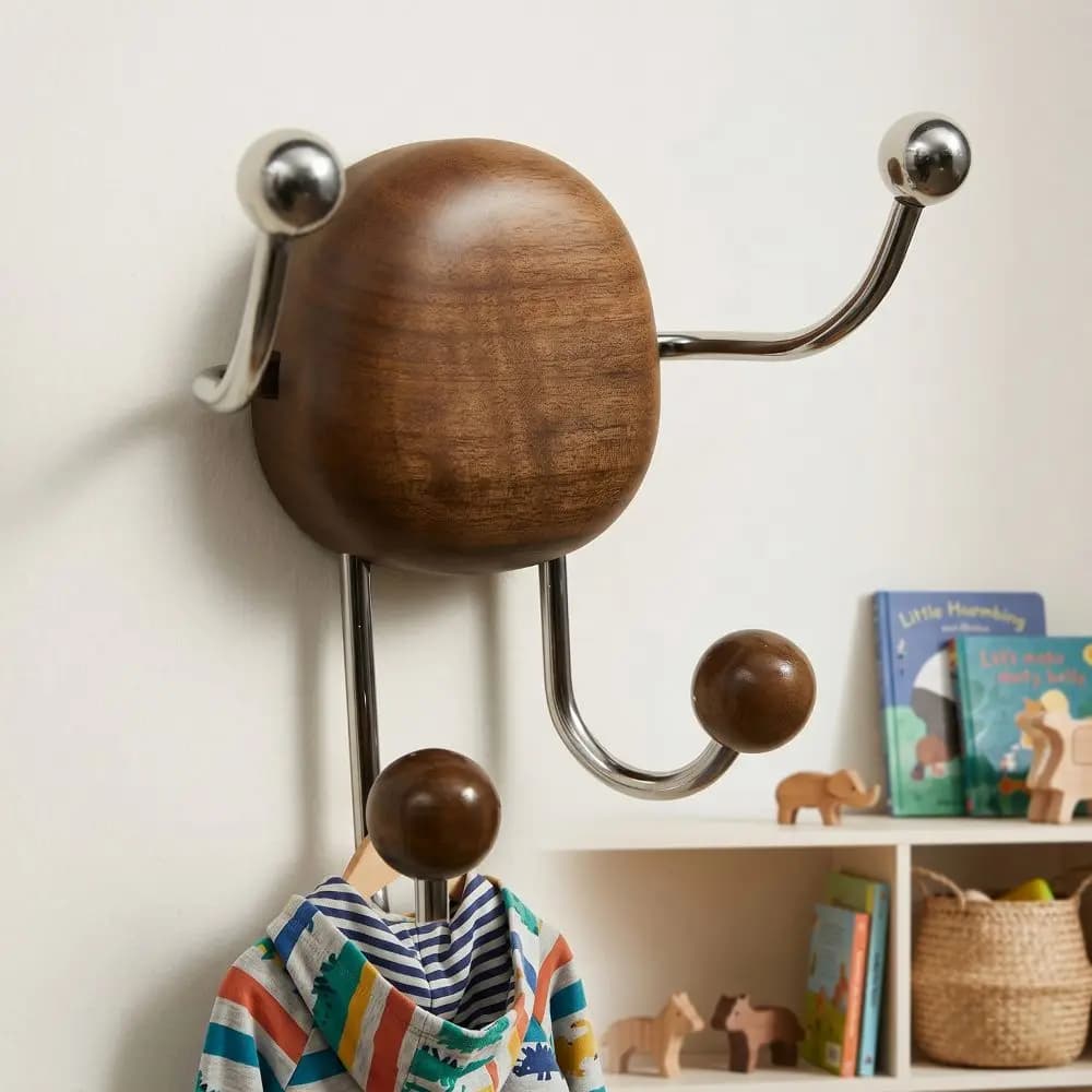 Solid Wood Wall Mounted Organizer Stainless Steel Rustproof Suction Cup Hook Rack Traceless Household Wall Hook Bathroom