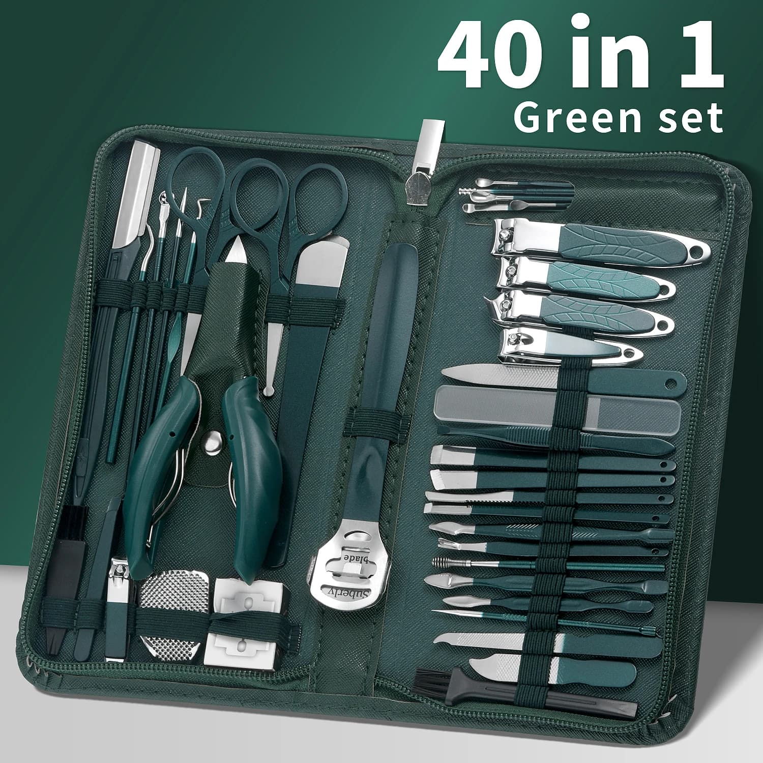 Set manicure Set di strumenti per pedicure Kit per toelettatura unghie per donna Uomo, 40 in 1 (verde scuro) Kit manicure per unghie Kit per la cura delle mani dei piedi Unghie