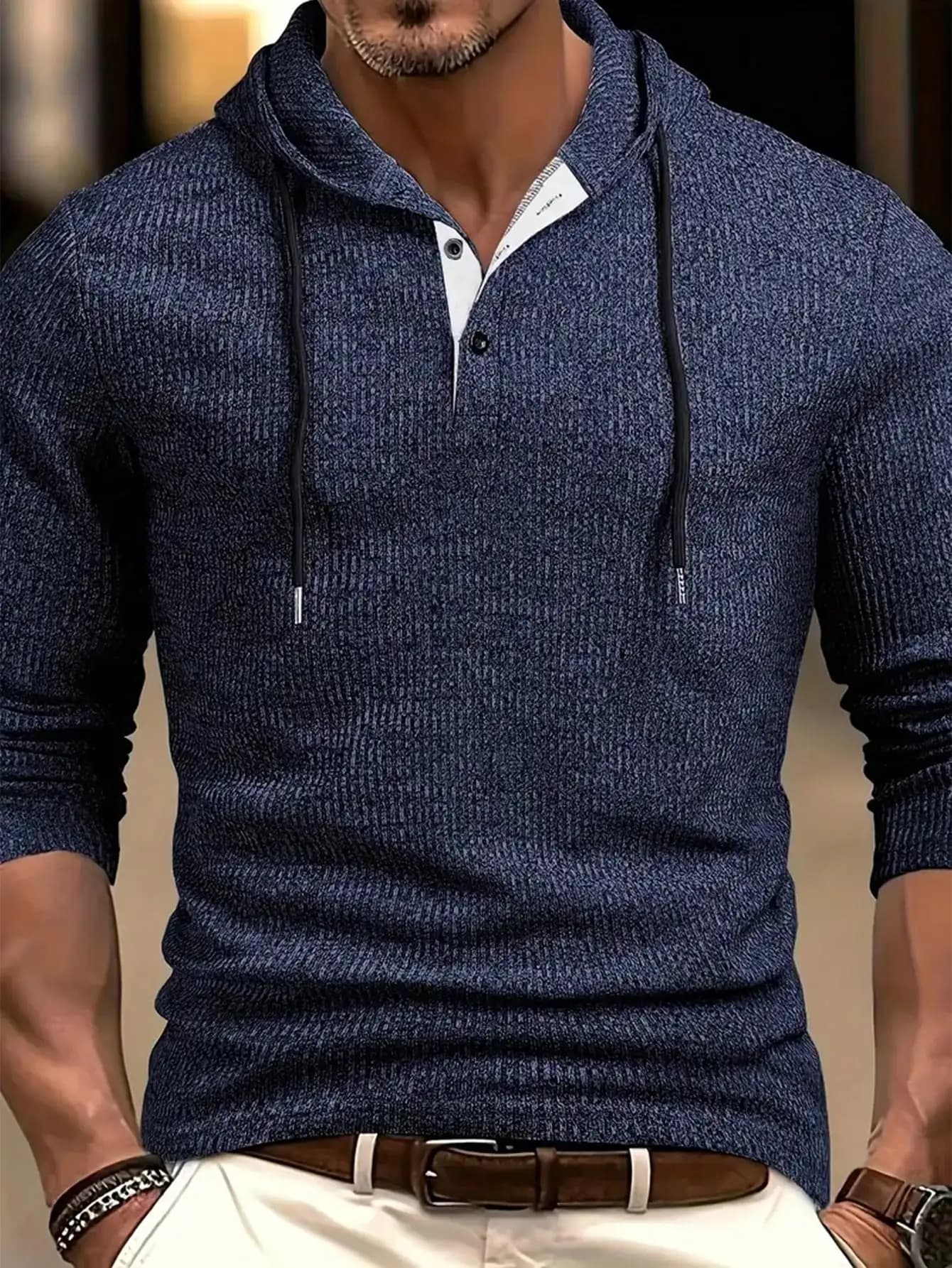 Felpa con Cappuccio a Coste Testurizzata da Uomo con Patta a Contrasto, Top Casual a Maniche Lunghe per l'Autunno