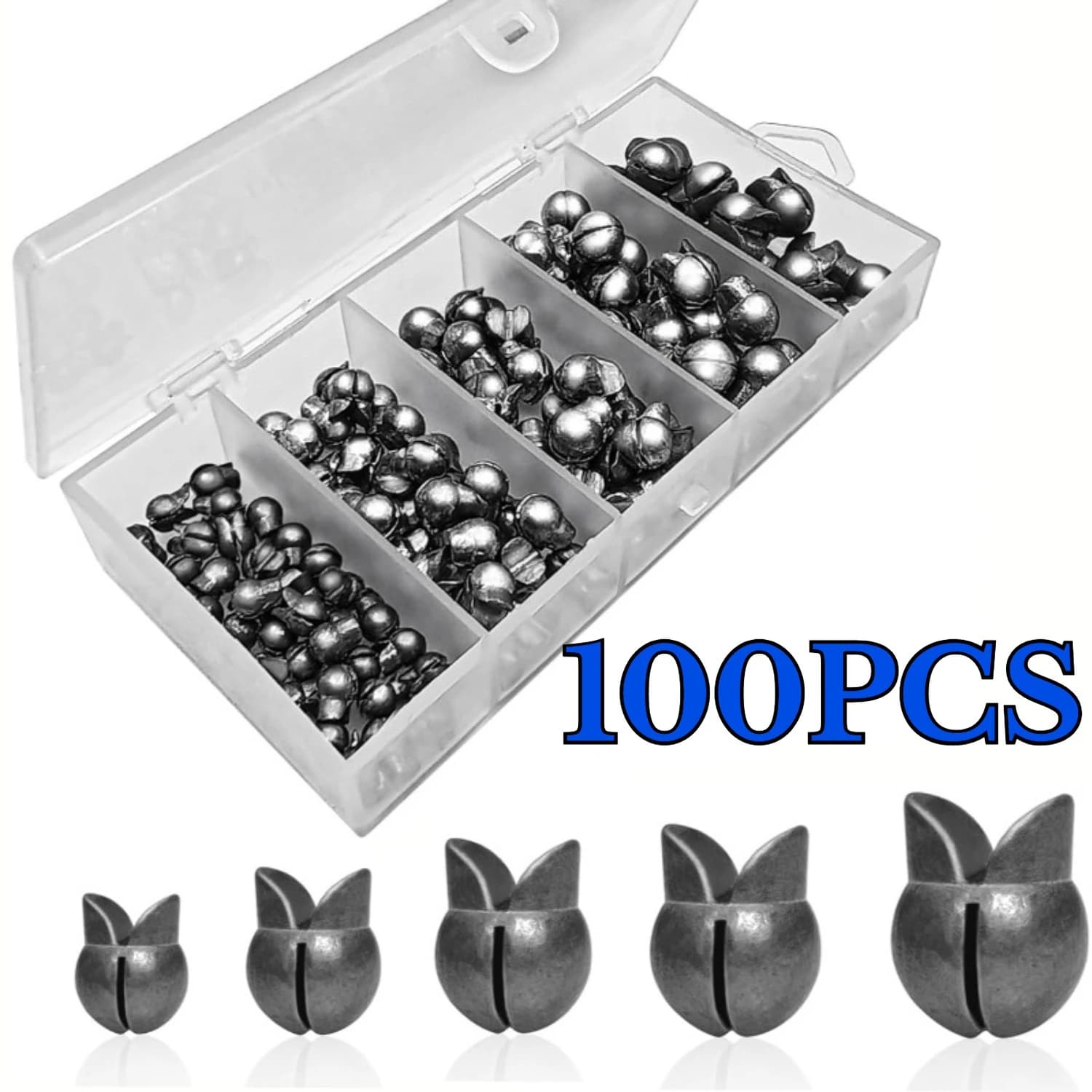 Kit pesi da pesca da 100 pezzi/scatola Piombini da tiro divisi premium con 5 dimensioni versatili Design rotondo rimovibile Perfetto per l'acqua dolce
