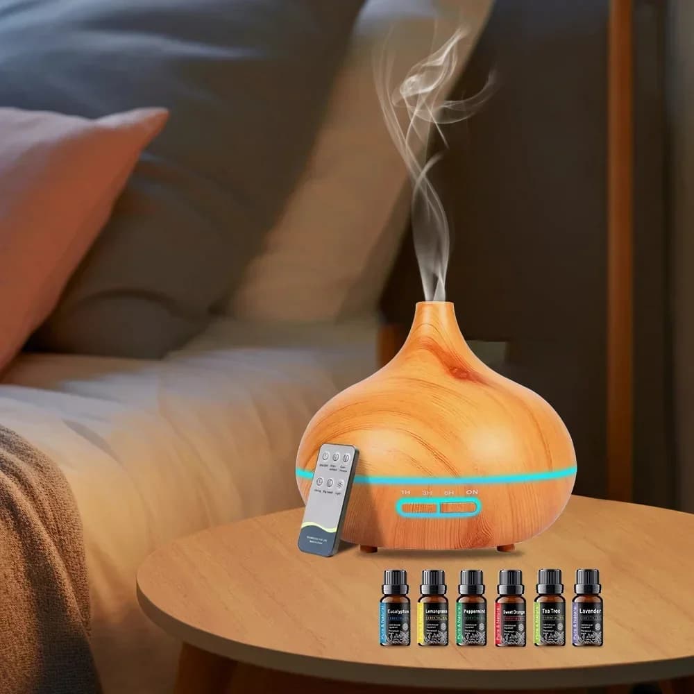 Diffusore di oli essenziali con venature del legno da 550 ml con telecomando, umidificatore ad ultrasuoni e macchina per aromaterapia, luce LED a 7 colori
