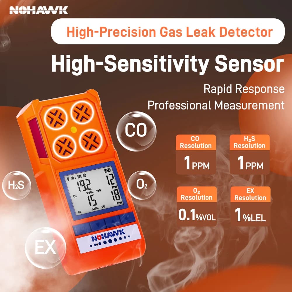 NOHAWK Rilevatore di gas portatile 4 in 1 Allarme perdite naturali combustibili con vibrazione dello schermo sonoro per la sicurezza domestica o in fabbrica