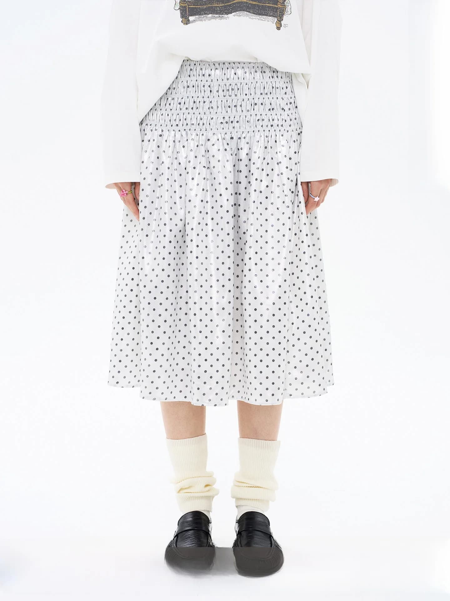 iny Dot Embellied Heavy Embroidery f Skirt Quirky Silver Polka Dot A-Line Midi Skirt Polyester Pleated Midi Skirt